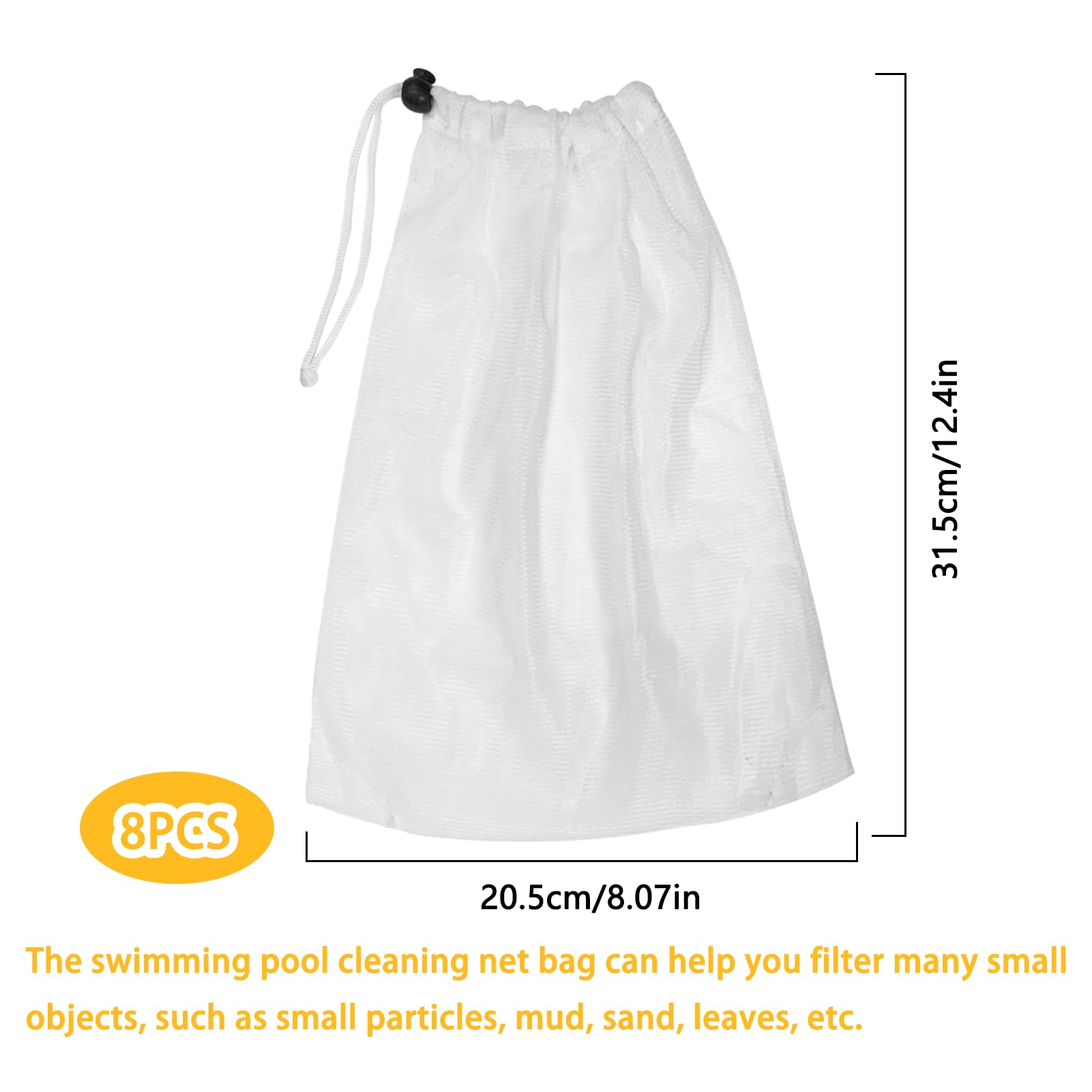 Lot de 2 sacs de collecte de rechange en filet,sacs d'aspirateur pour sol,sac en filet,avec cordon de serrage et fermeture pour le nettoyage des feuilles de piscine, UWW001, Blanc.