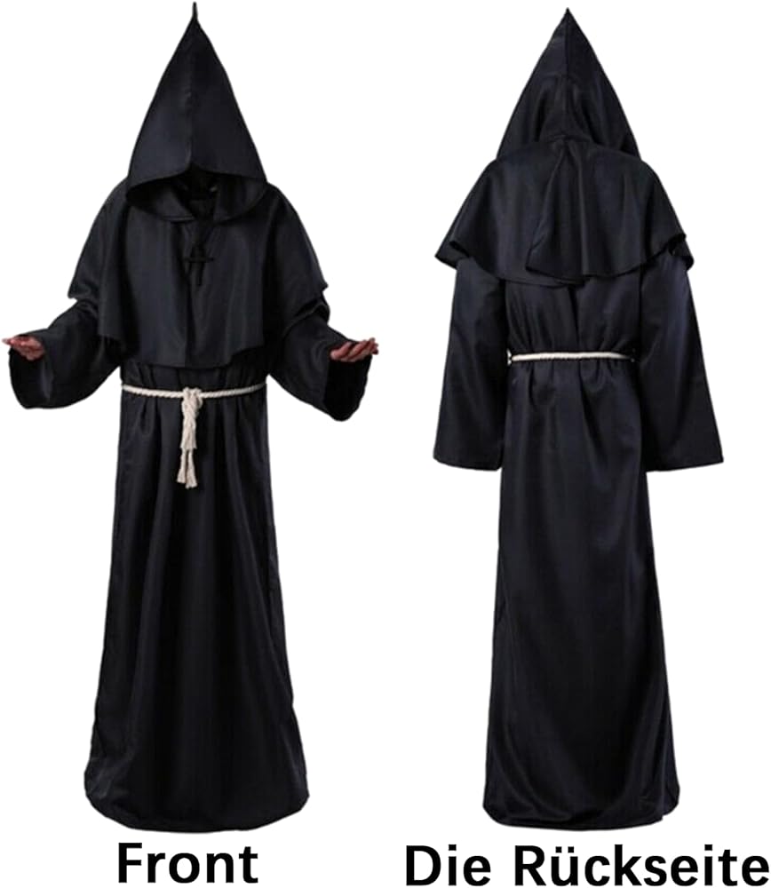 Myir JUN Deguisement Moine, Deguisement Halloween Homme Pru00eatre Mu00e9diu00e9val Capot Encapuchonnu00e9 Moine Costume Avec Croix Renaissance Robe De Pru00eatre Halloween Robe (Blanc, S