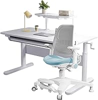 Vista 36 de FCD Escritorio ergonómico de madera de altura ajustable para niños con silla, mesa de dibujo, estación de computadora, estantería integrada