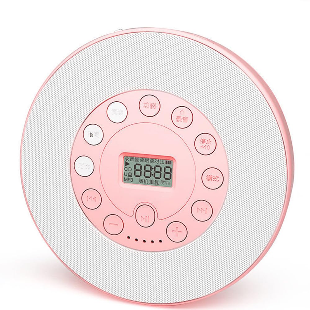 Lecteur CD Bluetooth portable rose avec batterie rechargeable et haut-parleurs stéréo LCD