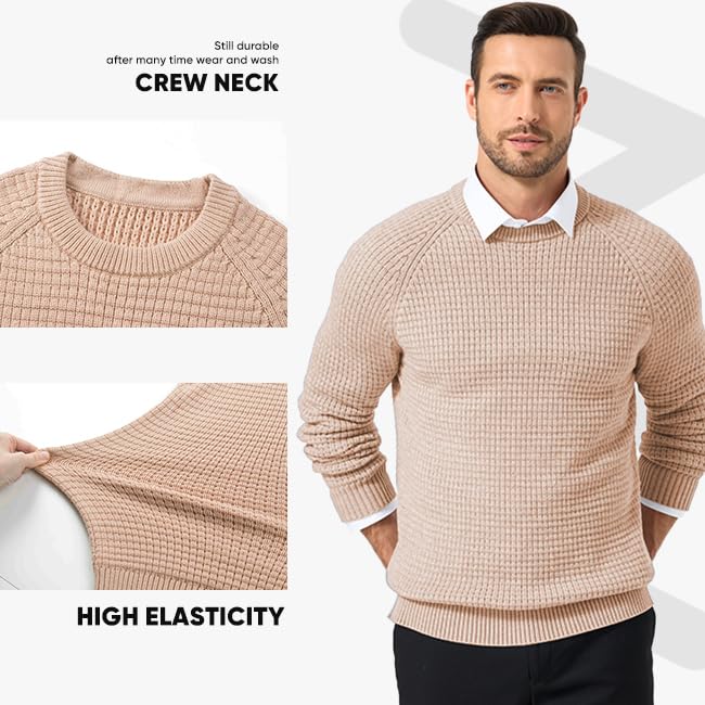JMIERR Mens Crewneck Sweater Waffle Textured Knitted Solid Pullover Casual Daily Wear Soft 2025 Fashion Pullovers4