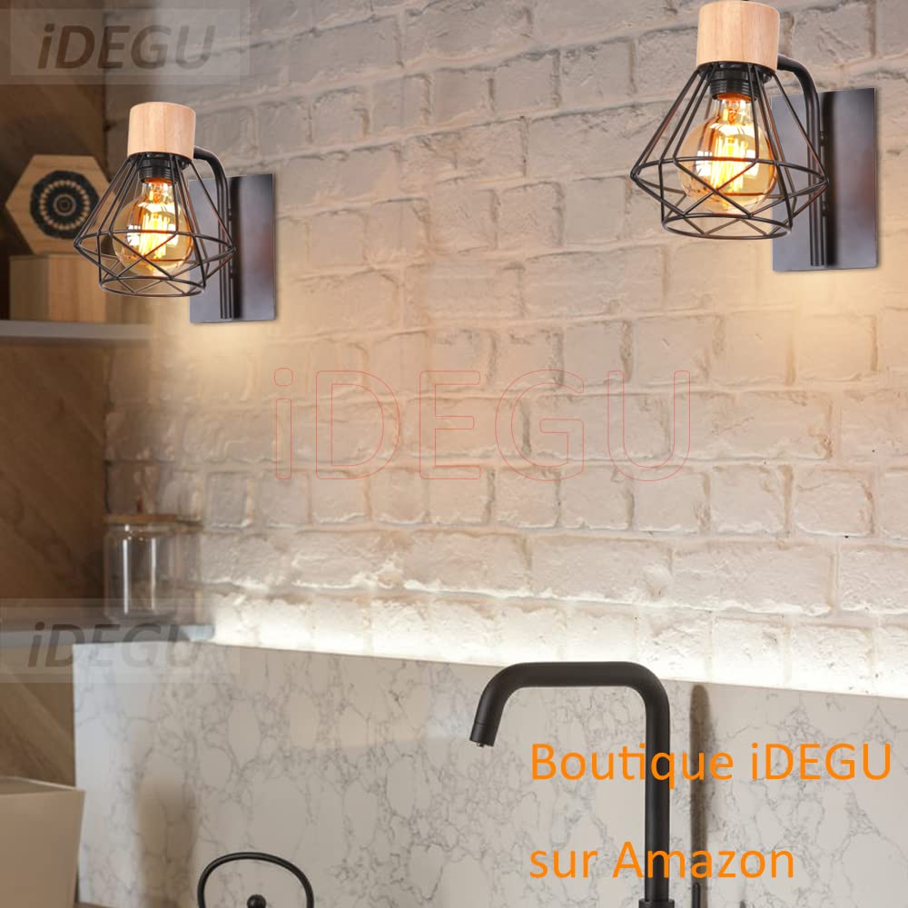 iDEGU Lot de 2 Applique Murale Intérieure Industrielle Luminaire Réglable en Bois Fer Design Cage Noir Rétro Éclairage E27 Lampe Murale Vintage pour Chambre Salon Cuisine (Applique Réglable, 2 Pack)