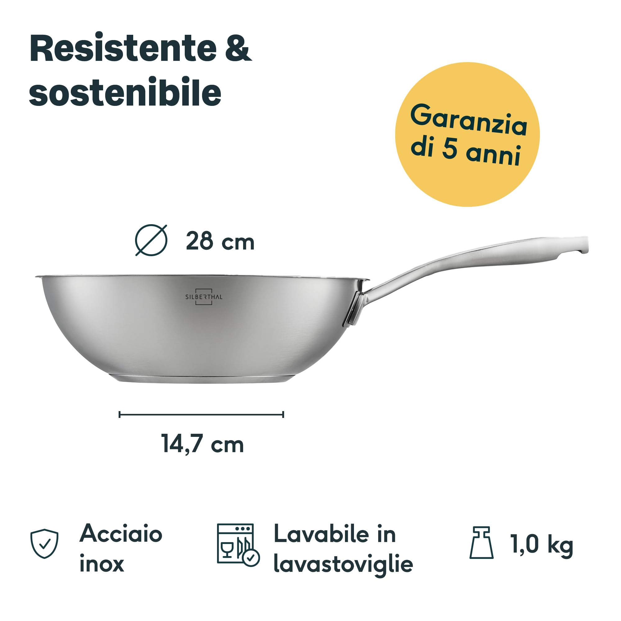 SILBERTHAL Wok acciaio inox 18/10 - Saltapasta 28 cm - Padella wok induzione - Pentola wok professionale