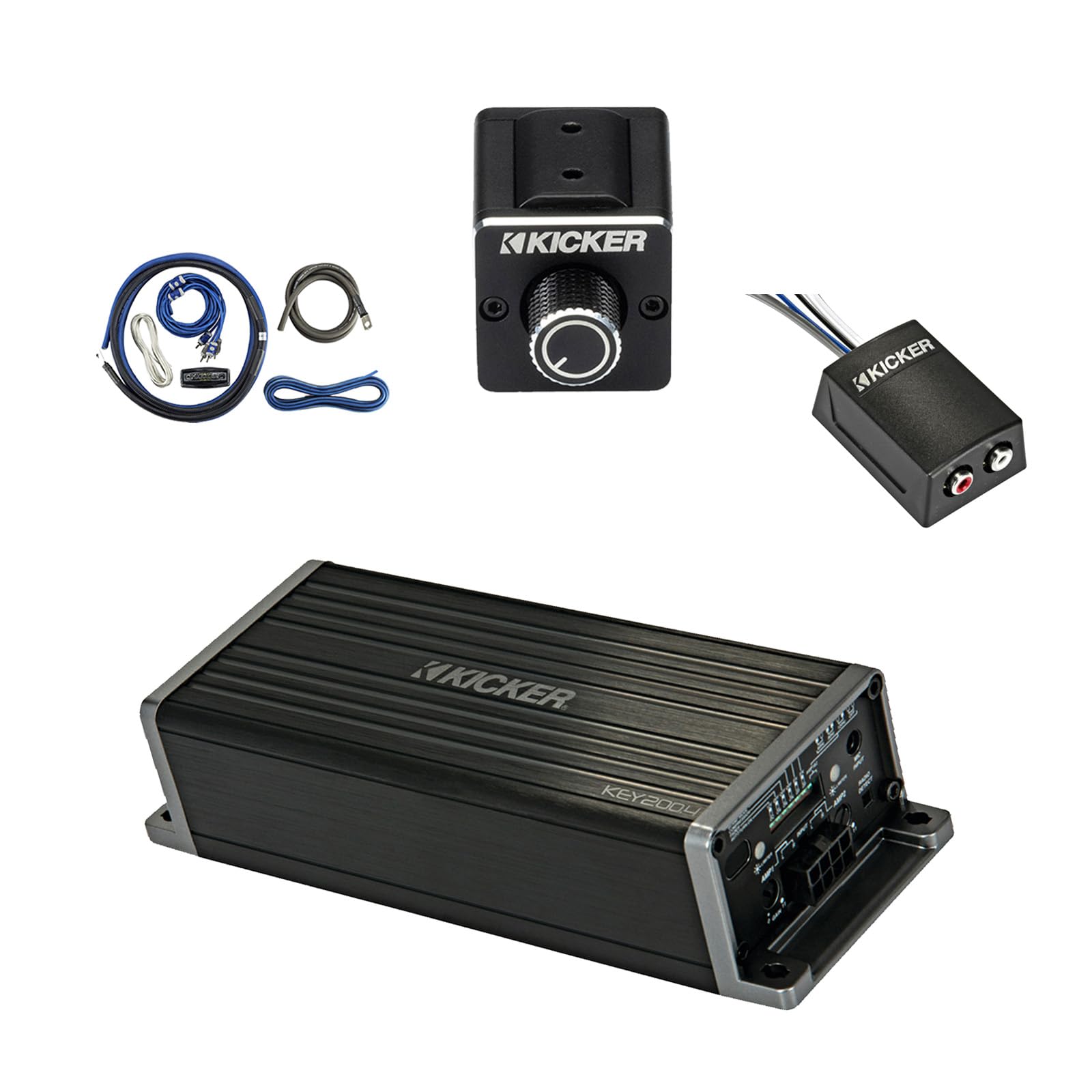 Kicker KEY200.4 200 Watt 4-Channel Full-Range Auto-EQ Smart Amplifier with Dual Bass Remote, Wiring Install Kit, Stereo Line Output Converter