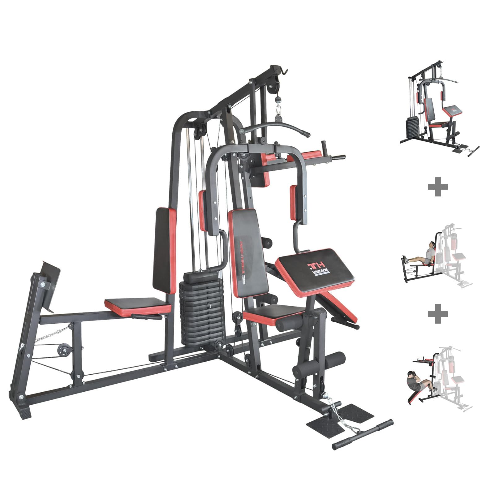 TrainHard® - Estación de entrenamiento para gimnasio en casa, incluye prensa de piernas, estación de inmersión, elevador de piernas y banco para sentadillas