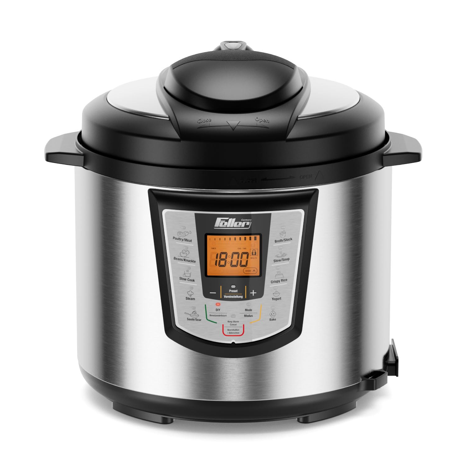 Feller Germany 1000W 6L Electric Pressure Cooker, 12-in-1 MultiCooker, 2X DuPont Non-Stick Detachable Pot, Delay Timer, Sauté, Soup Maker, Slow Cook, Steamer, 2Y Guarantee PC165 UAE (Stainless Steel)