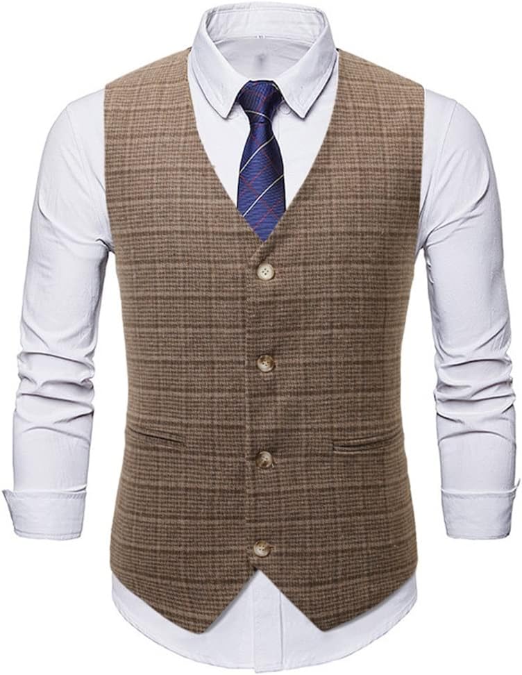 Men's Vintage Plaid Dress Vest Slim V-neck Suit Formal Business