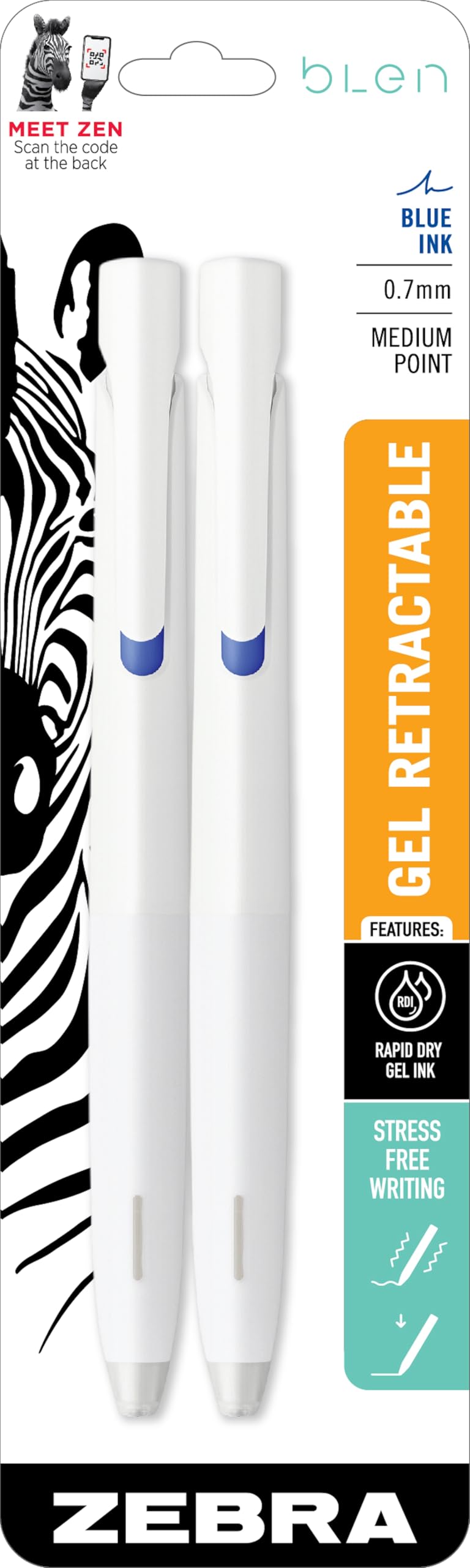 Zebra Pen bLen Gel Pens 0.7mm Medium Point Blue Ink 2-Pack, Smooth Fast-Drying Ink, Vibration-Free Writing Experience, Rubber Grip, Low-Profile Clip (41422)