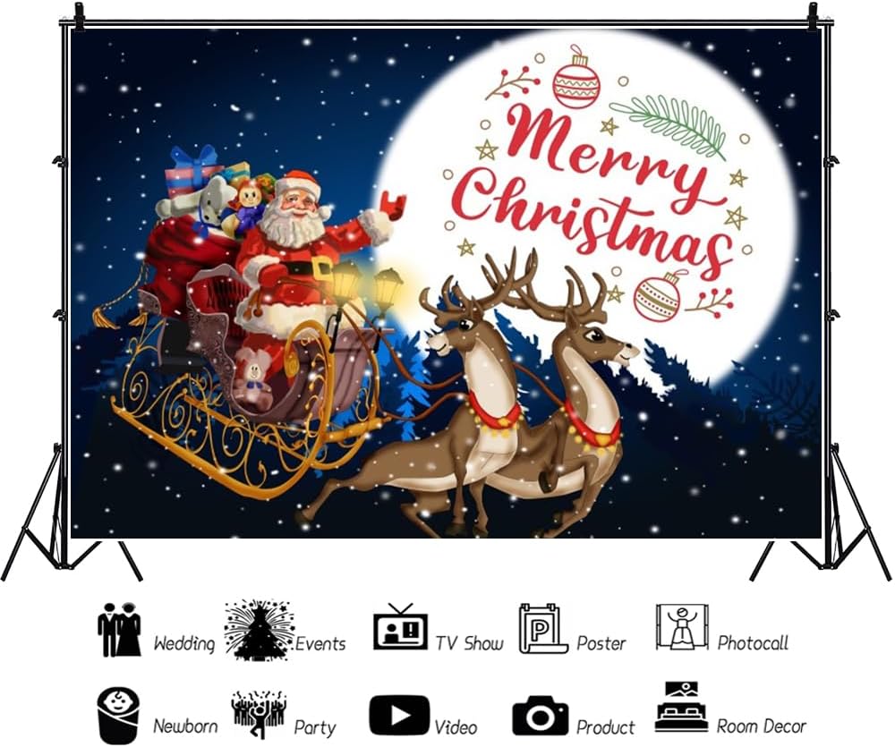 Merry Christmas Backdrop 12x8ft Christmas Village Sky Santa Claus Sled Photography Background Xmas Party Decorations Family Photo Shoot Props