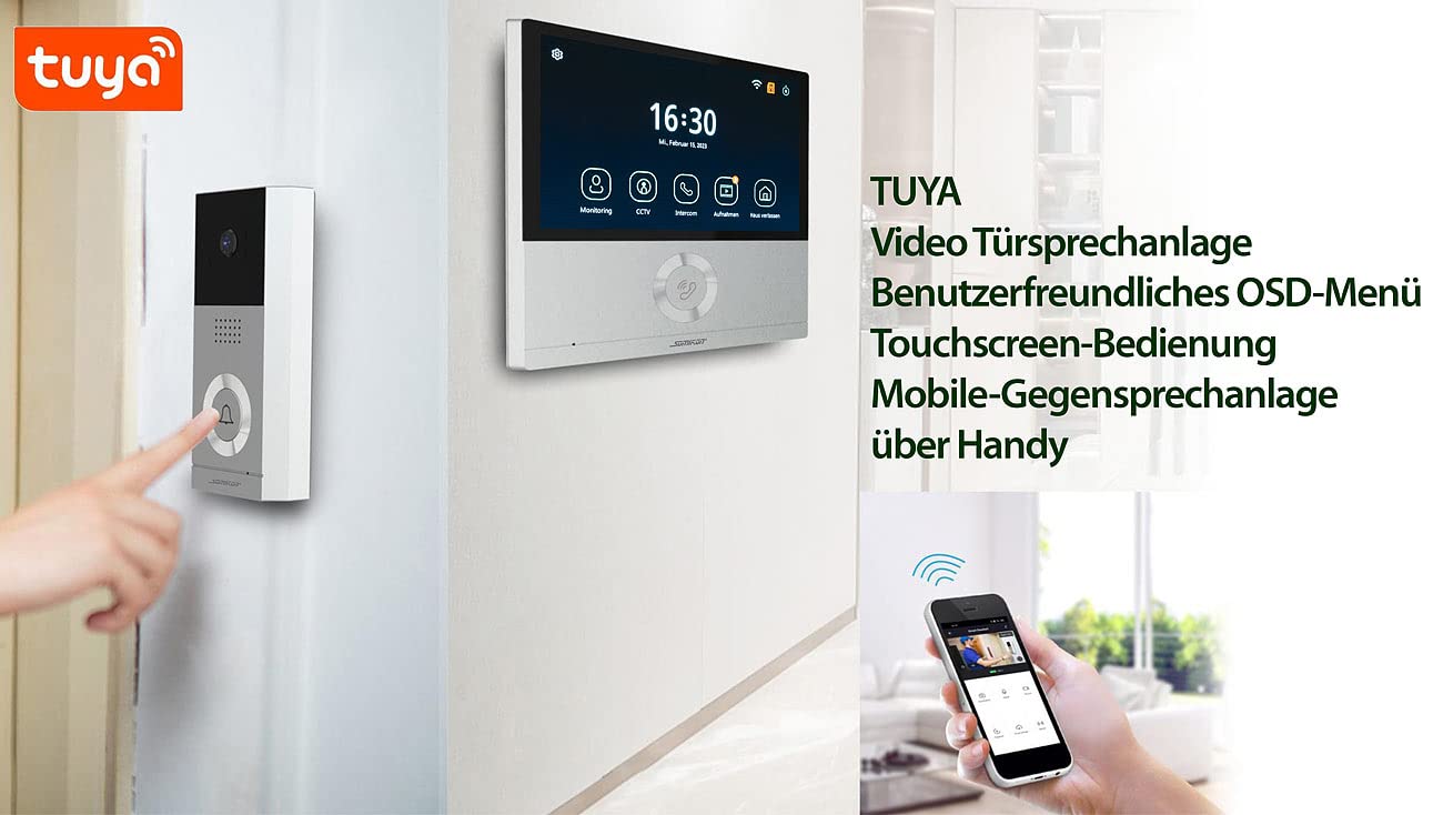 Somikon Videoklingel: Full-HD-Video-Türsprechanlage mit 17,8-cm-Touchscreen (7"), WLAN, App (Türsprechanlage mit Kamera, Videosprechanlage, IP)