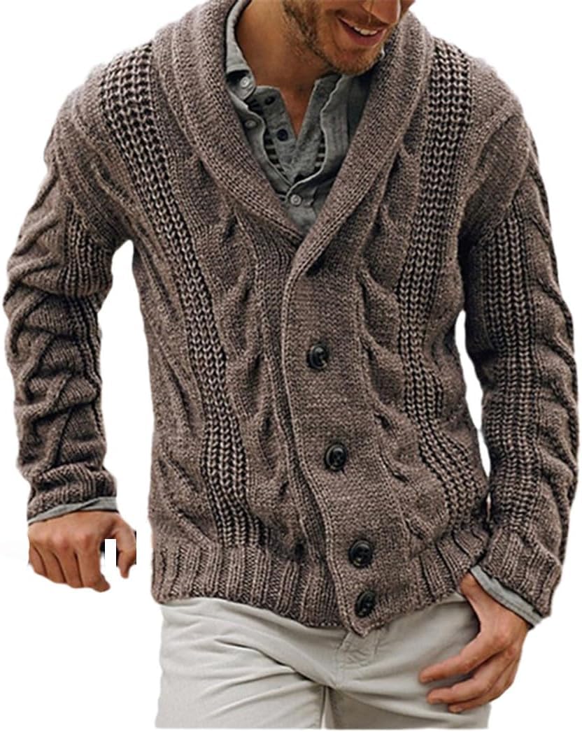 Men's Shawl Collar Cardigan Single Breasted Sweater Fashion Knit Plus Size Cable Knit Coat Winter Chunky Clothes, Brown, XX-Large