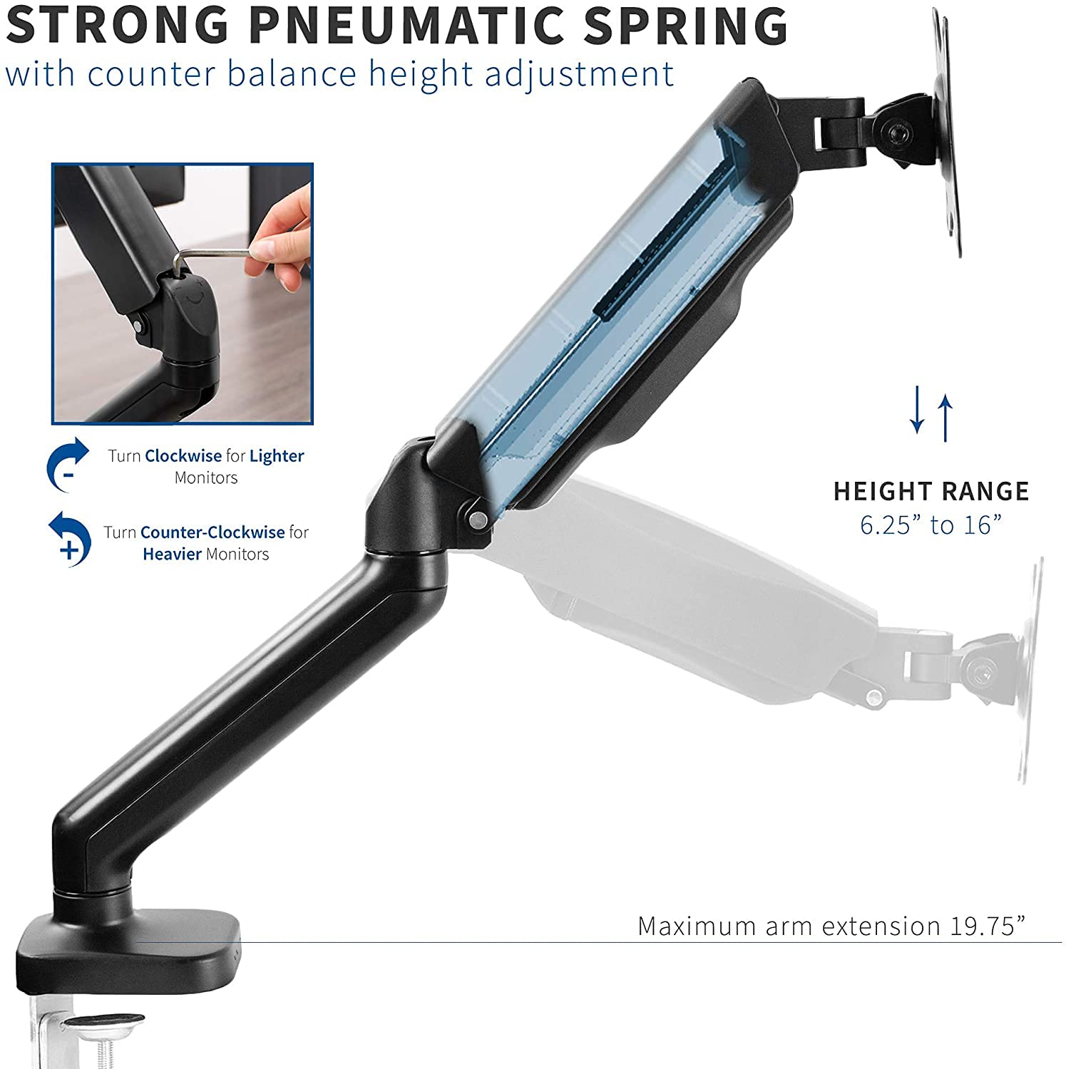 Jin Office Single Monitor Gas Spring Arm |Supports 13-32" Screen| 10KG Weight Capacity, 1 Year Warranty| Height Adjustable Desk Mount| Spring Adjustment Monitor Stand| Tilt, Swivel, Rotation Features
