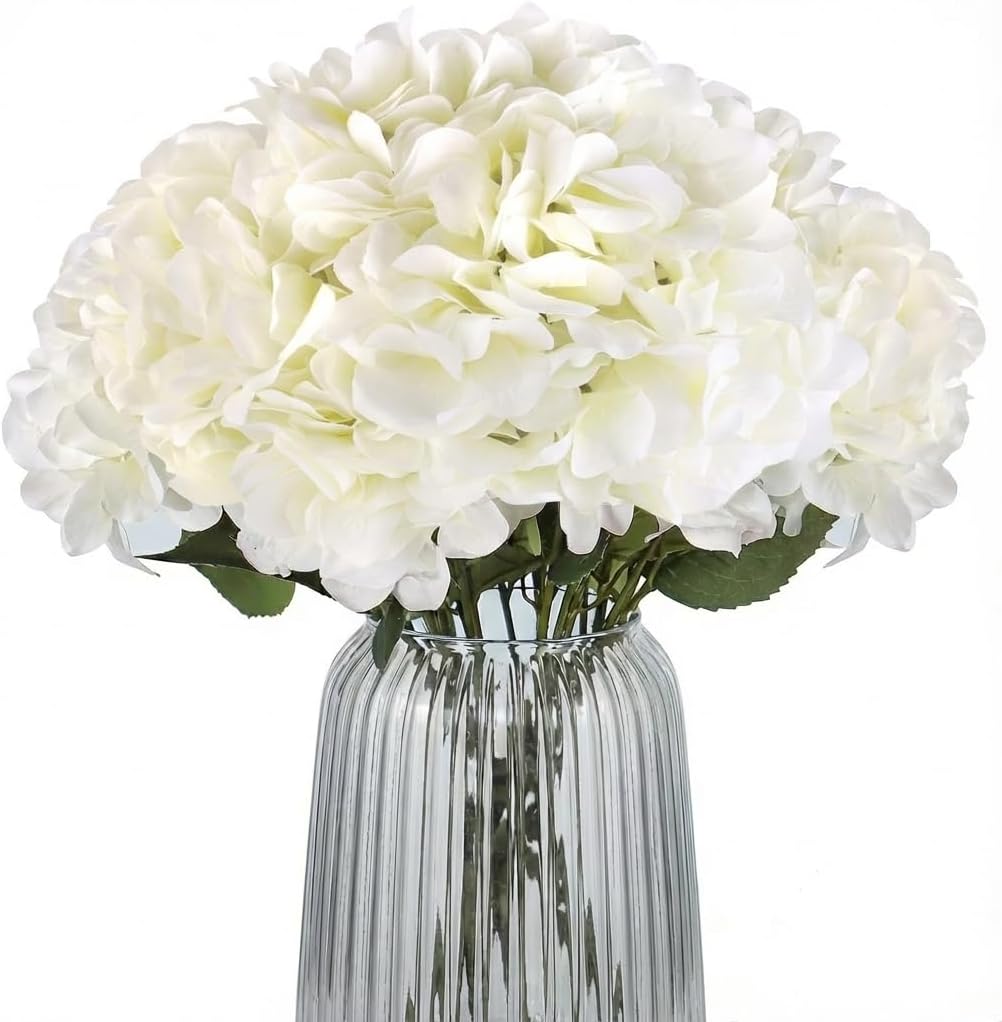 2Bouquets Artificial Fake Flowers Plants Silk Hydrangea Arrangements Wedding Bouquets Decorations Plastic Floral Home Kitchen Garden Party Festival Bar DIY(White,5 Flower Heads)