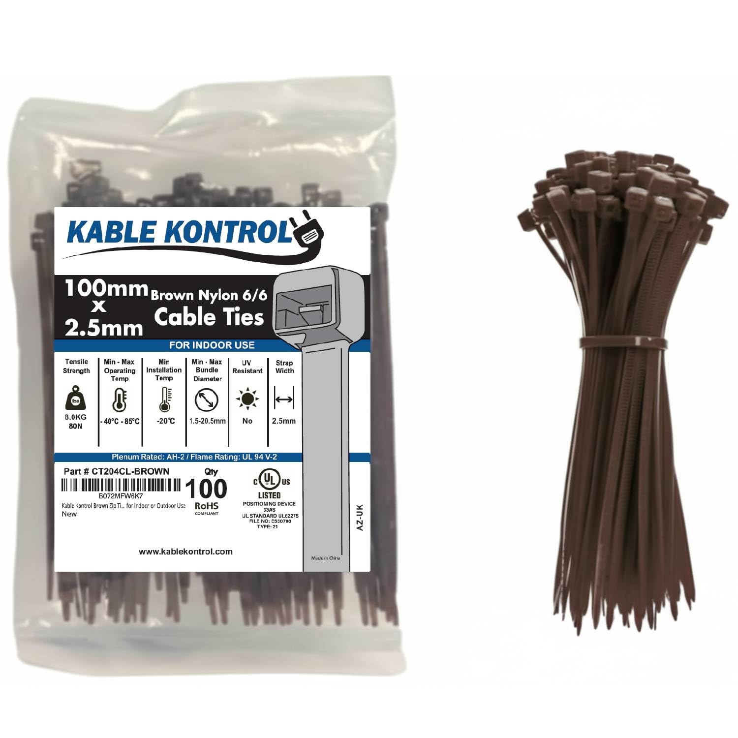 Kable Kontrol Brown Cable Ties, 100 mm x 2.5 mm, Pack of 100, 4" Premium Nylon Zip Ties, Multi-Purpose Plastic Tie Wraps, Secure Self-Locking Mechanism, for Home, Garden, Office and DIY