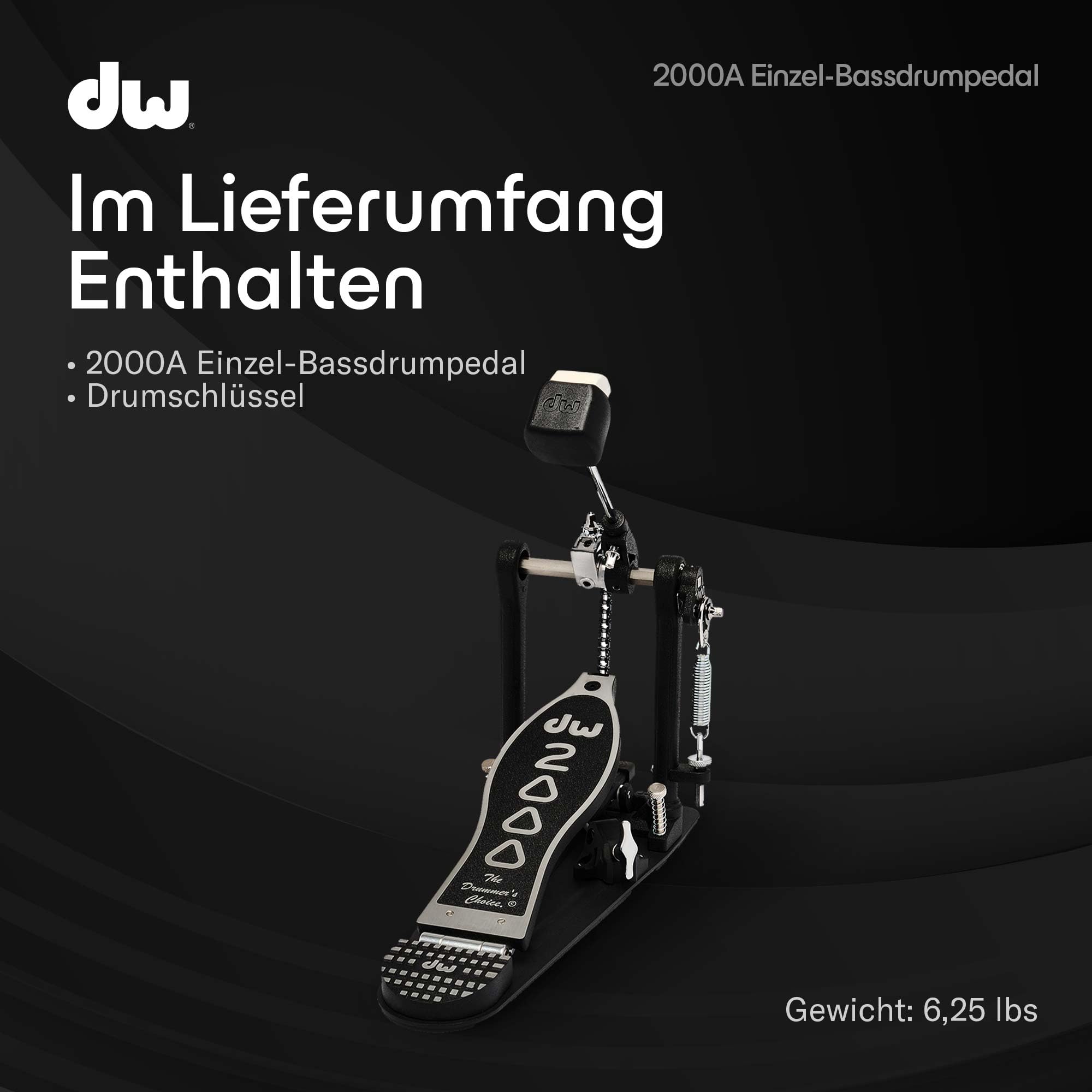 DW 2000A | 2000 Serie Einzel-Bassdrumpedal | Perfekt für Drummer jeder Spielstärke | Robuster Vollmetallrahmen mit Einzelketten-Accelerator-Antrieb | 2-Wege Beater | Rutschfeste Stahlbodenplatte