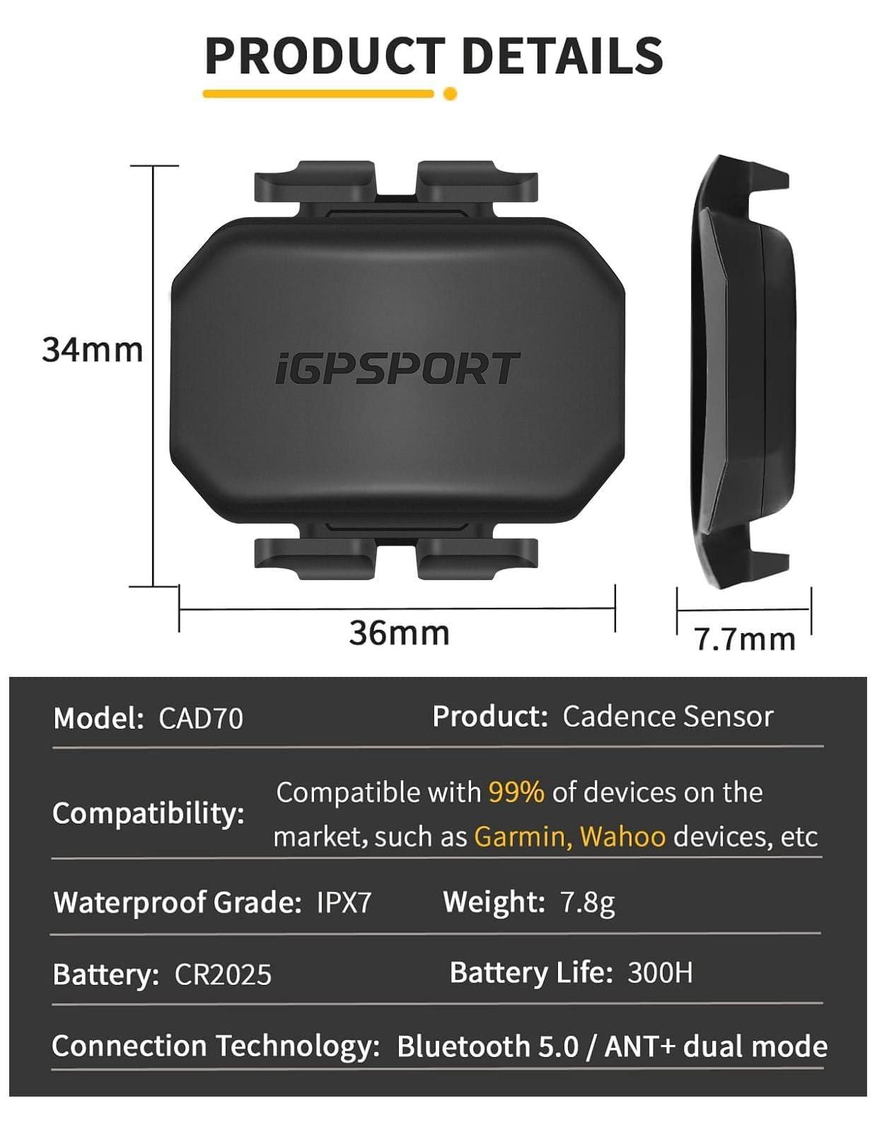 iGPSPORT SPD70 Velocímetro para Bicicleta / CAD70 Sensor de Cadencia para Bicicleta, 300 Horas de Autonomía, Bluetooth 5.0 Ant+, Impermeable IPX7,CAD70 y SPD70