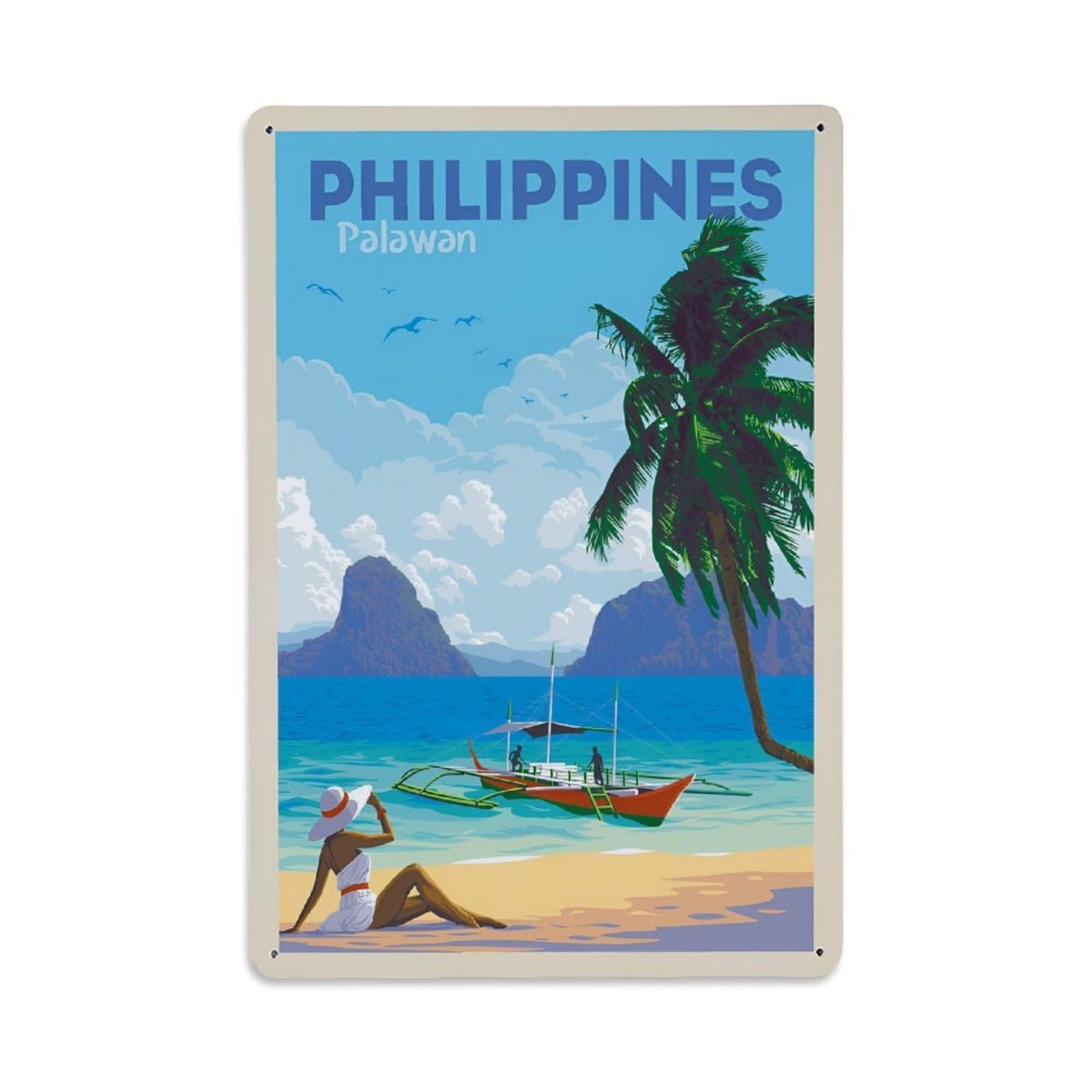 Vintage Travel Poster Philippines Palawan Metal Tin Sign Wall Decor for Cafe, Club, Garden Metal Poster 8x12Inch
