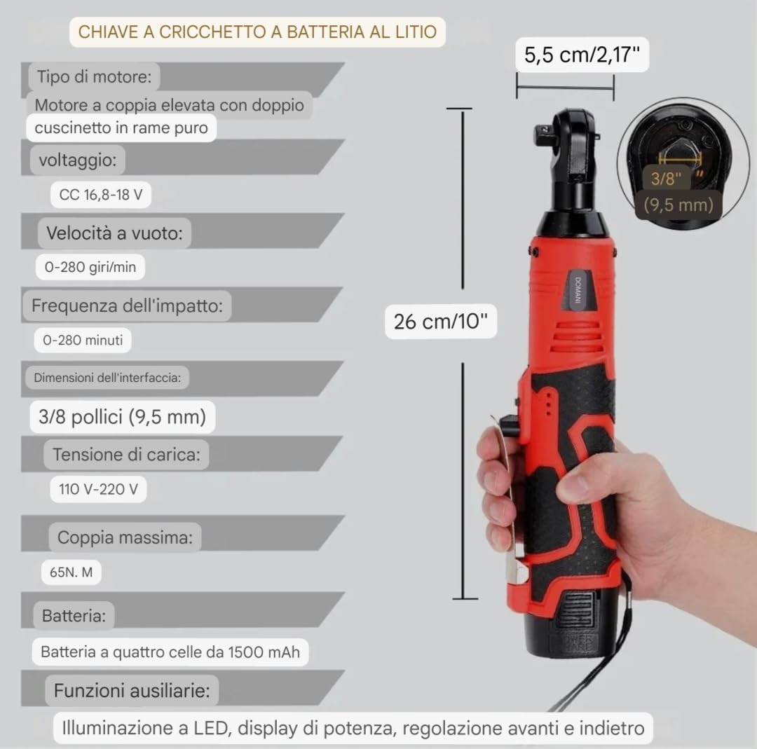 Chiave a cricchetto elettrica a batteria estesa 3/8" da 16,8 V, chiave a cricchetto elettrica da 55nm 400 giri/min