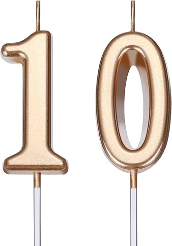 Velas de cumpleaños número 10 para decoración de cumpleaños, boda, aniversario, celebración, fiesta, 3.54 pulgadas de longitud total (dorado champán)
