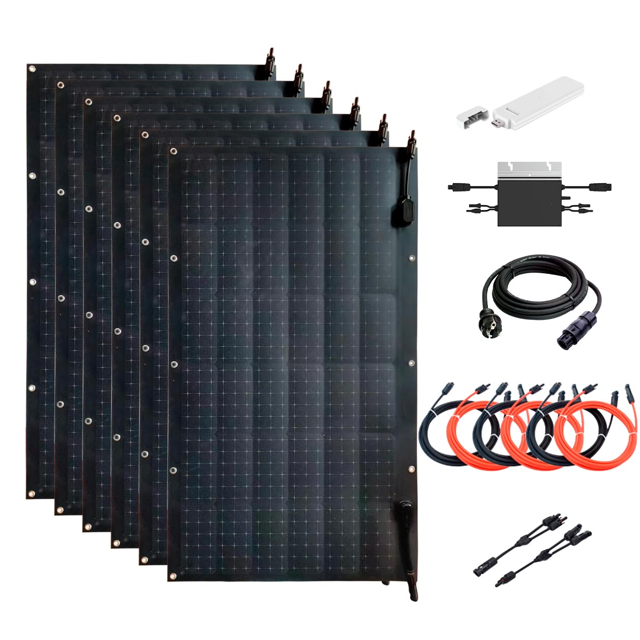 Technaxx Centrale solaire flexible 600W TX-233 avec 6 panneaux solaires 105W, micro-onduleur solaire, clé Wi-Fi, câble de 5 m, 1 adaptateur de prise batterie - Monter sur un balcon, une clôture, etc.
