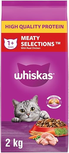 5 Stars Cat Food Reviews on Amazon cat foods WHISKAS Meaty Selections Adult Dry Cat Food With Real Chicken, 2kg bag