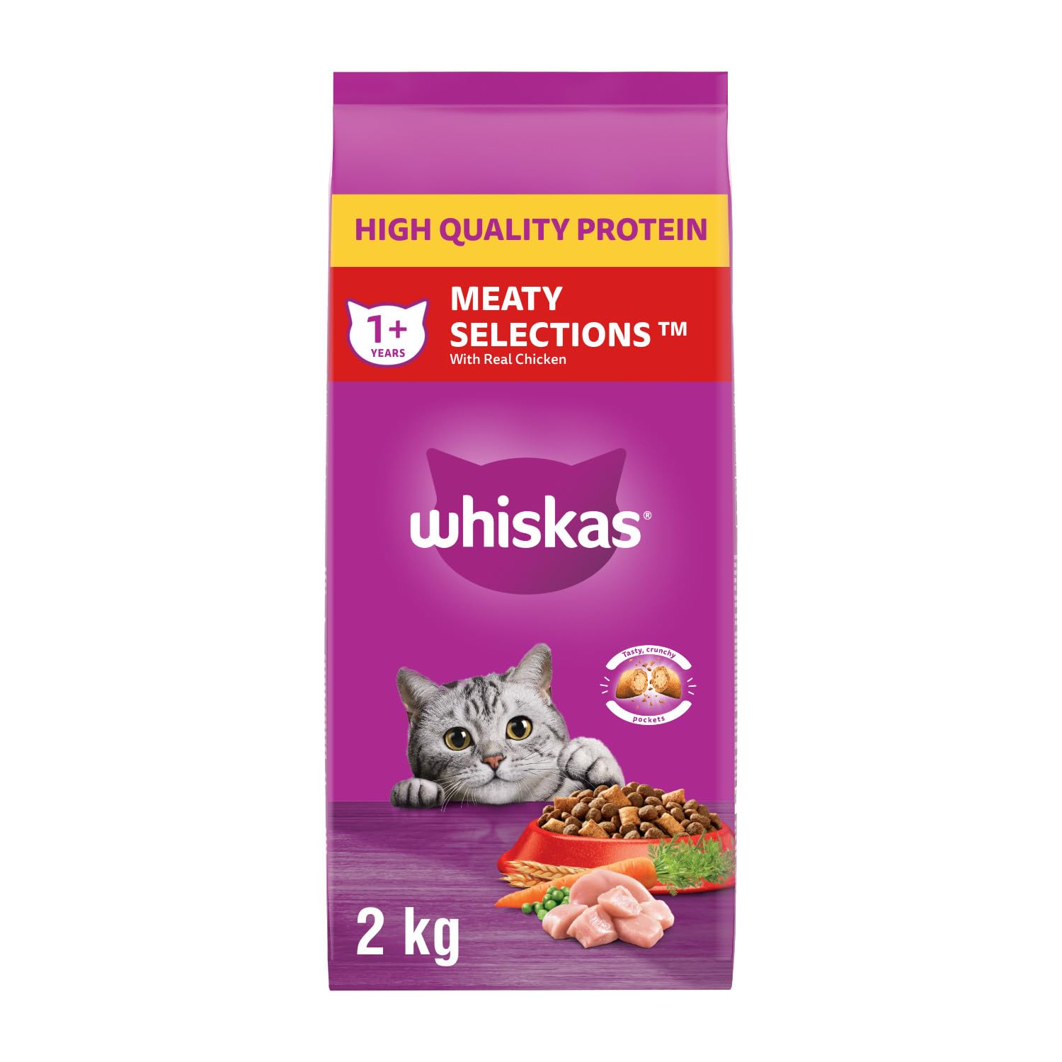 WHISKAS Meaty Selections Adult Dry Cat Food With Real Chicken, 2kg bag