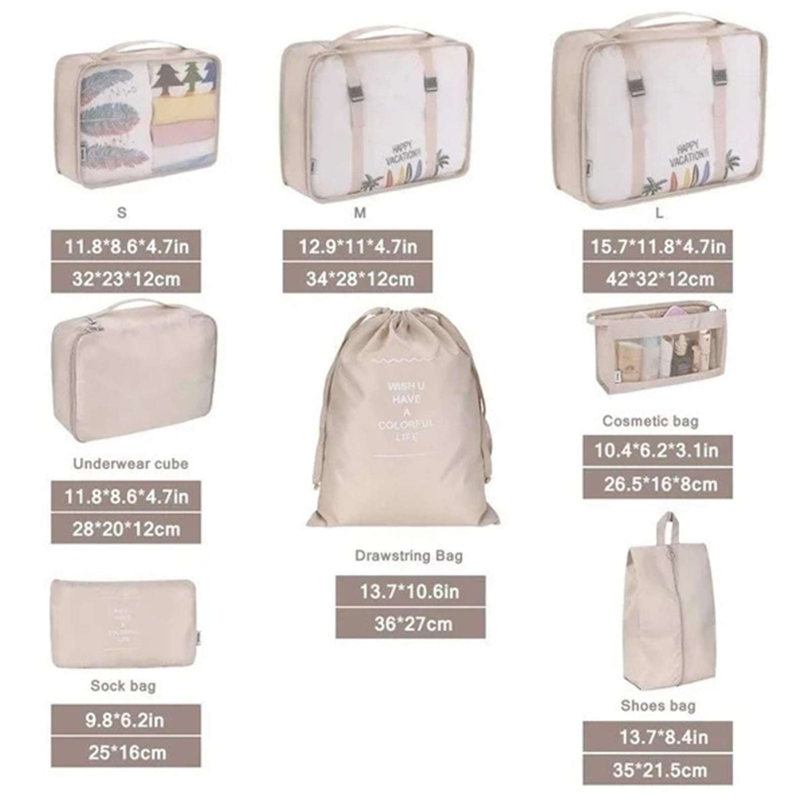 Set di 8 borse organizer for viaggi, accessori, valigie, borsa impermeabile for riporre vestiti per Vestiti, Scarpe, Cosmetici(Beige)
