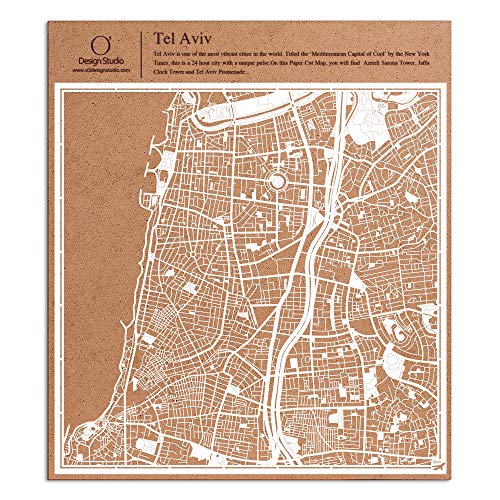 テルアビブ切り絵地図、白、30x30センチ、オリジナルデザインペーパーアート、アイデアギフト