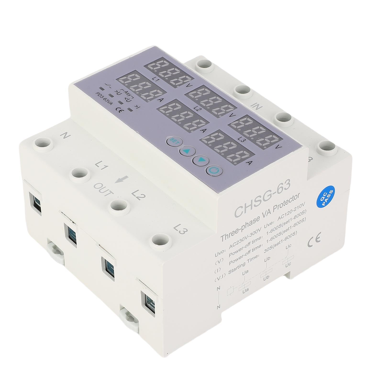 Misuratore di Potenza del Voltmetro su Guida DIN Trifase, AC 390‑500 V Amperometro Digitale Protezione da Sovracorrente da Sovratensione Automatica, Tester Elettrico Trifase Watt (63A)