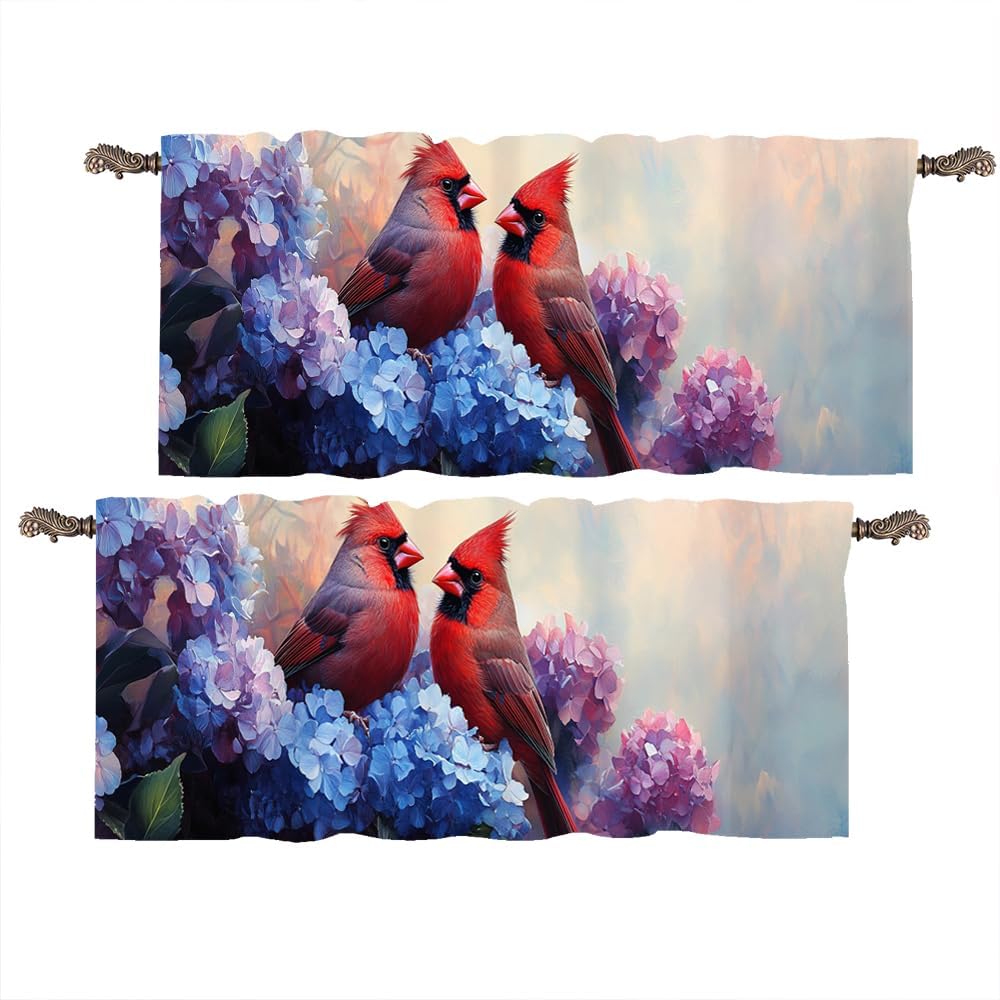 2 Panels Cute Red Bird Curtain Valance for Windows, Rustic Garden Hydrangea Rod Pocket Short Window Treatment Decor Drapes for Kitchen, Bathroom, 54" X 18"
