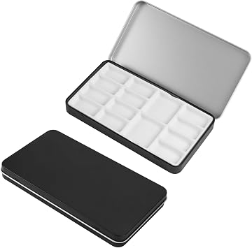 Travel Watercolor Palette,Portable Ceramic Palette with 14 Well,Metal Paint Box with Porcelain PaletteBlak Box