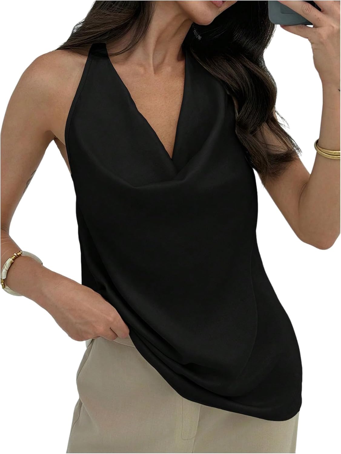 SOLY HUX Women's Cowl Neck Halter Top Open Back Sleeveless Tank Tops Draped Front Vest Shirts