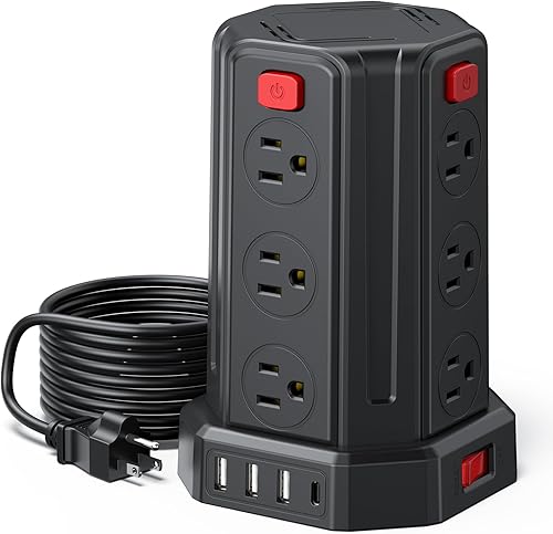 PD - Regleta de alimentación de 20 W con cable de extensión de 10 pies, regleta protectora de sobretensiones con puertos USB en torre (10
