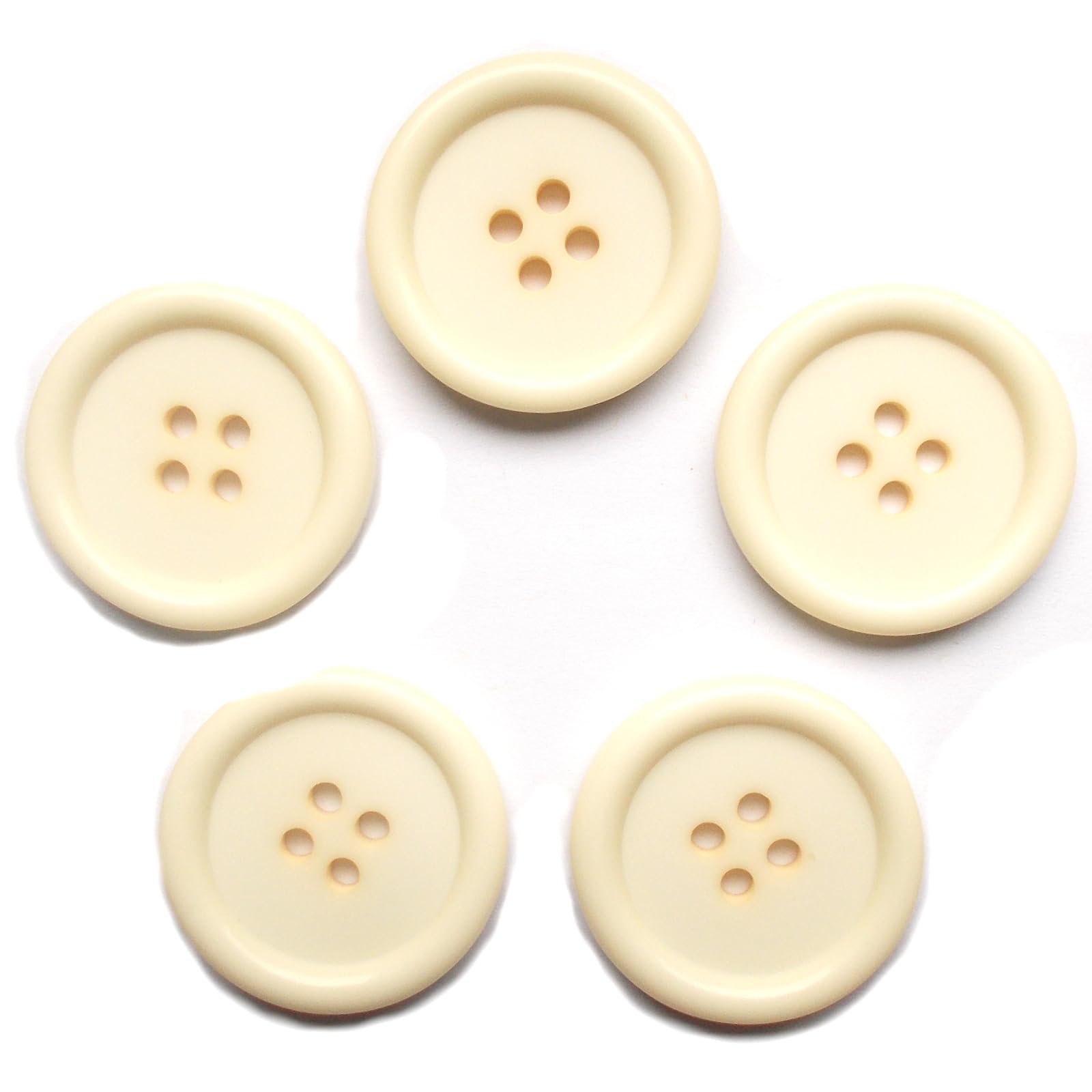 Basic Coat Buttons Raised Edge 4 Hole Round - Pack of 5 (Ivory, 28mm)