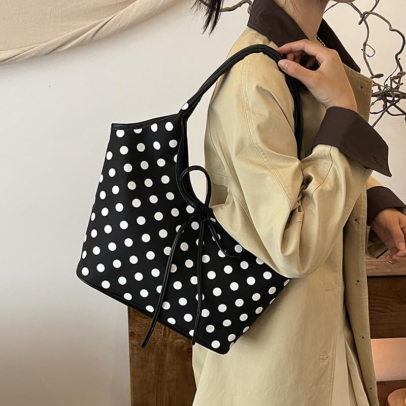 Polka Dot Hobo Bag for Women Bow Tie Canvas Handbags Shoulder Purse Large Satchel for Travel Work2