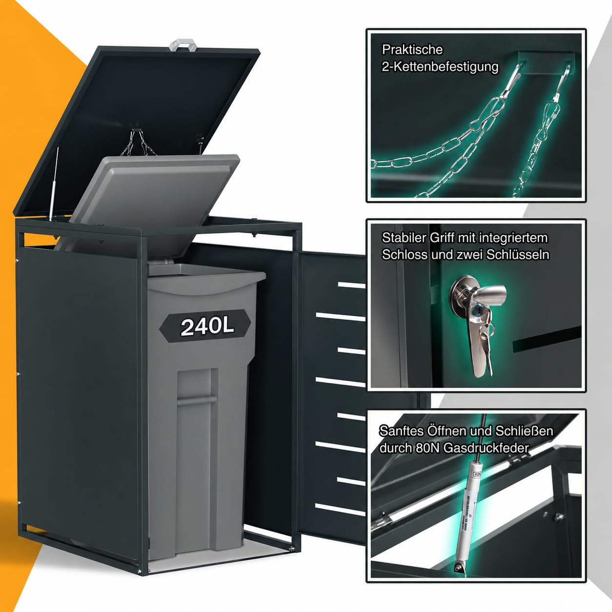 Lot de 2 cache-poubelles en métal pour poubelles de 120 l/240 l, résistant aux intempéries, verrouillable, avec vérins à gaz et chaînes de couvercle, anthracite