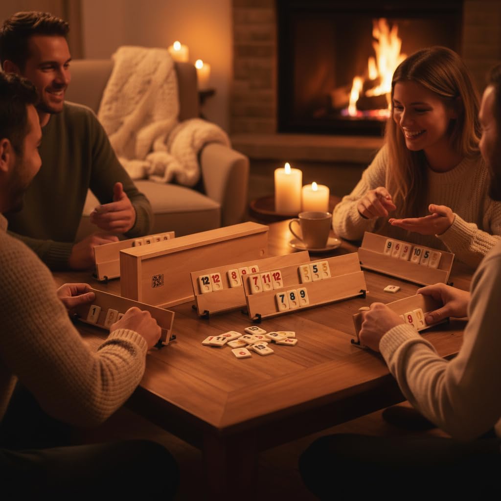 Rummy Holz gra – wysokiej jakości gra planszowa z litego drewna bukowego ze 106 wytrzymałymi płytkami