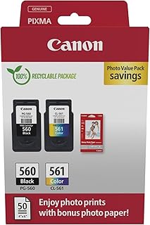 Canon PG-560 CL-561 Value Pack 2 Ink Cartridges (Black + Colour) Original + 50 Sheets 10 x 15 cm Photo Paper [Environmenta...