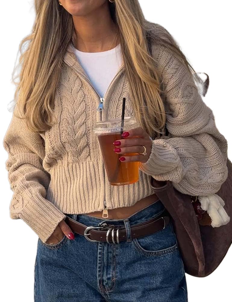 Mywinway Cable Knit Cardigan Women Fall Winter Casual Trendy Chunky Stand Collar Zip Up Cropped Cardigan Sweater Jacket