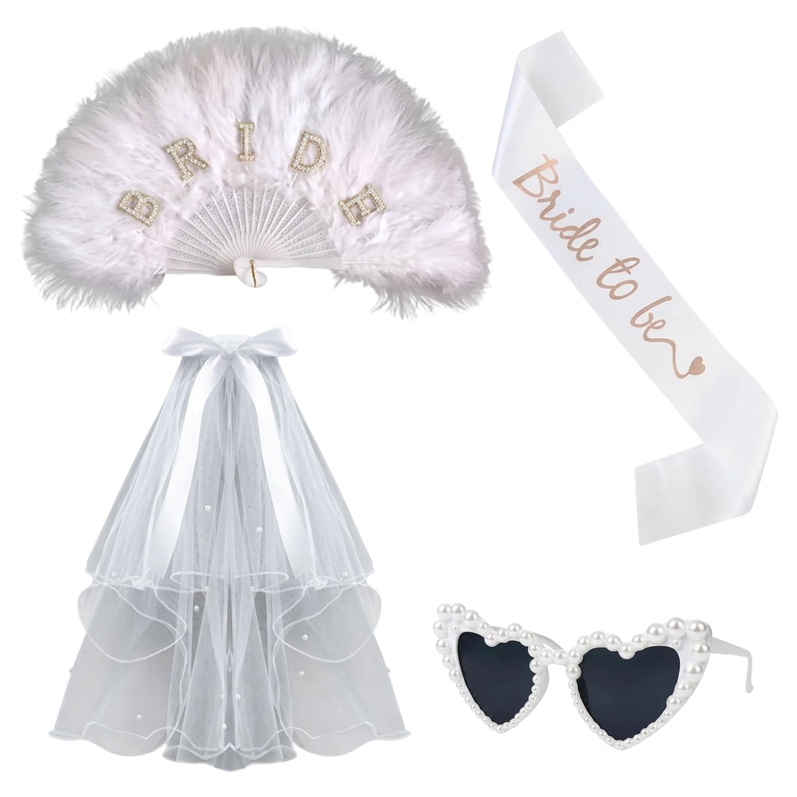 OBOVO 4 Pcs Bride to Be Set, Hen Do Accessories Kit with Sash, Veil, Pearl Sunglasses & Fan, White Bridal Party Accessories, Photo Props for Bridal Shower, Bachelorette Party