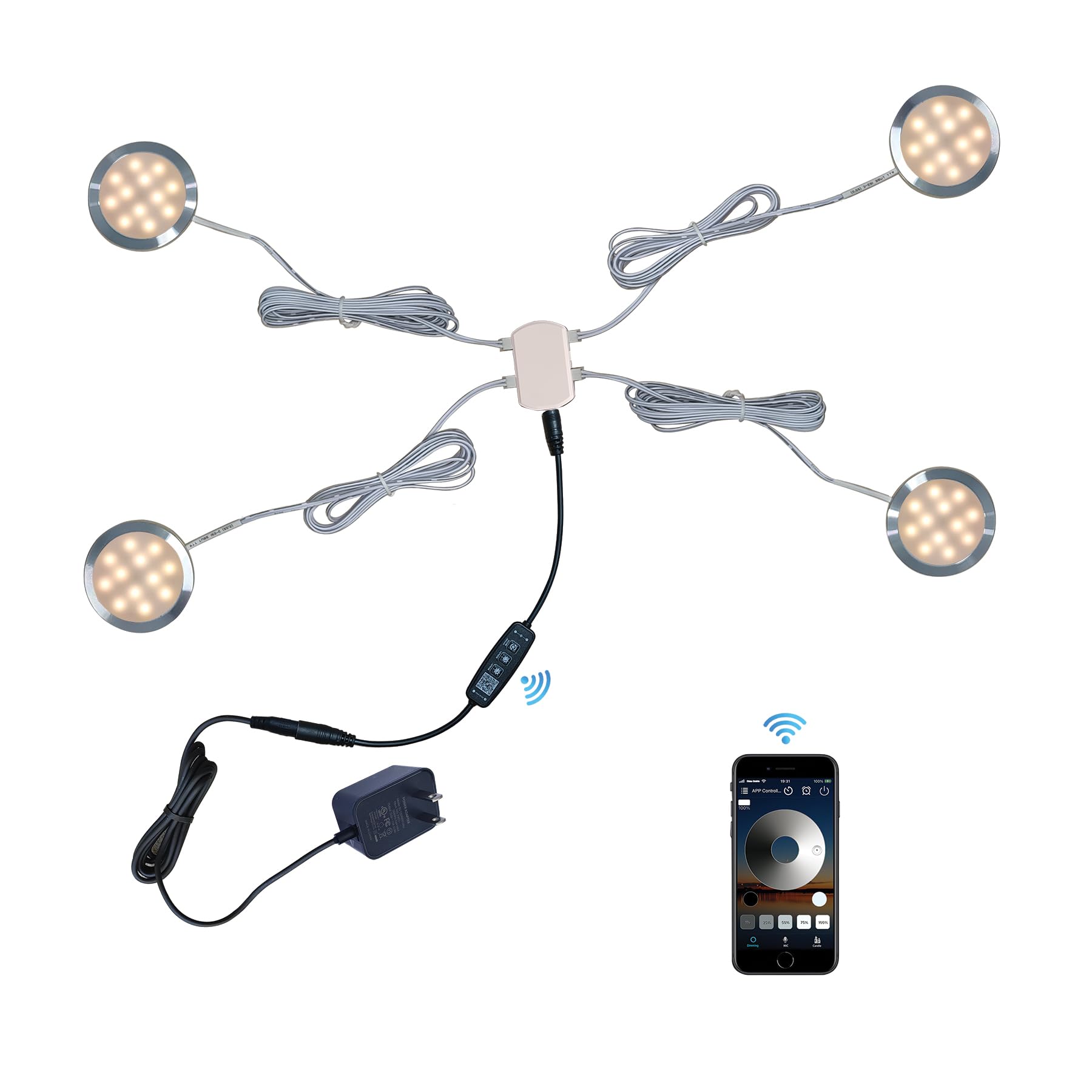 CRISETEK Puck Lights Bluetooth APP Smart Control Dimmable Tact Switch Under Cabinet Light Cabinet Lighting Cabinet Lights DC 12V Adaptor (Silver, Warm White Light, APP 4Pack)