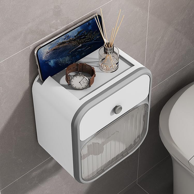 Image of Self-Adhesive Toilet Paper Holder with Phone Stand - Wall Mounted Tissue Roll Dispenser Tray for Bathroom | Space-Saving & Stylish Accessory