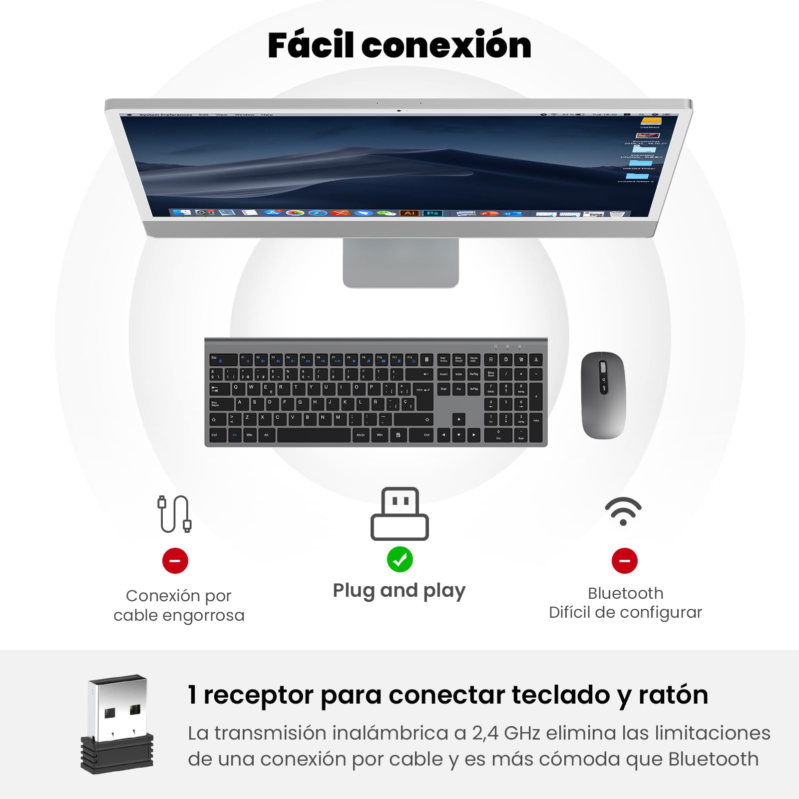 Combo Teclado y Ratón Inalámbrico- cimetech Teclado y ratón Recargable 2.4G, QWERTY Español Layout, Teclado de diseño ergonómico, Ultrafino para Ordenador/PC/portátil/Windows 10/8/7(Gris)