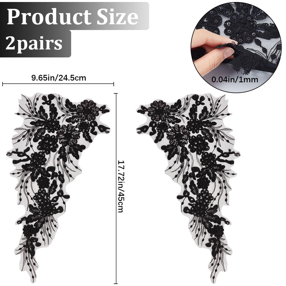 GORGECRAFT 4Pcs 3D Sequin Lace Applique Embroidery Sew on Leaf Flowers Collar Trim Patch Floral Motif Fabric Craft Decoration Patches for Sewing Wedding DIY Clothes Dress Pants Jeans Bag Garment Black - Image 2