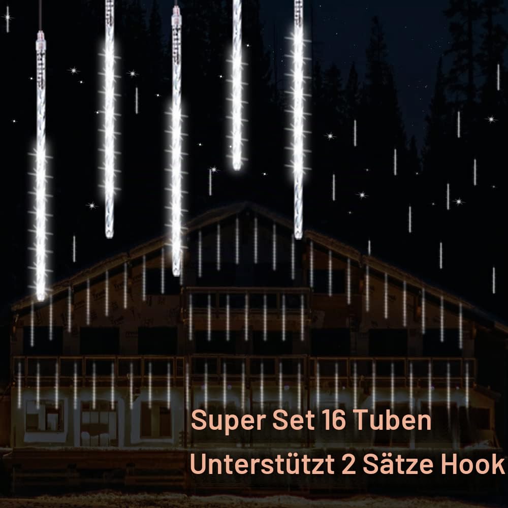 Weihnachtslichter für draußen, Meteorschauer Lichter 16 Spiralschläuche 30cm 480 LEDs 5,25m Lit Länge, Wasserdichte Schneefalllichter für Weihnachtsdekoration im Freien Baum Fenster (Weiß)