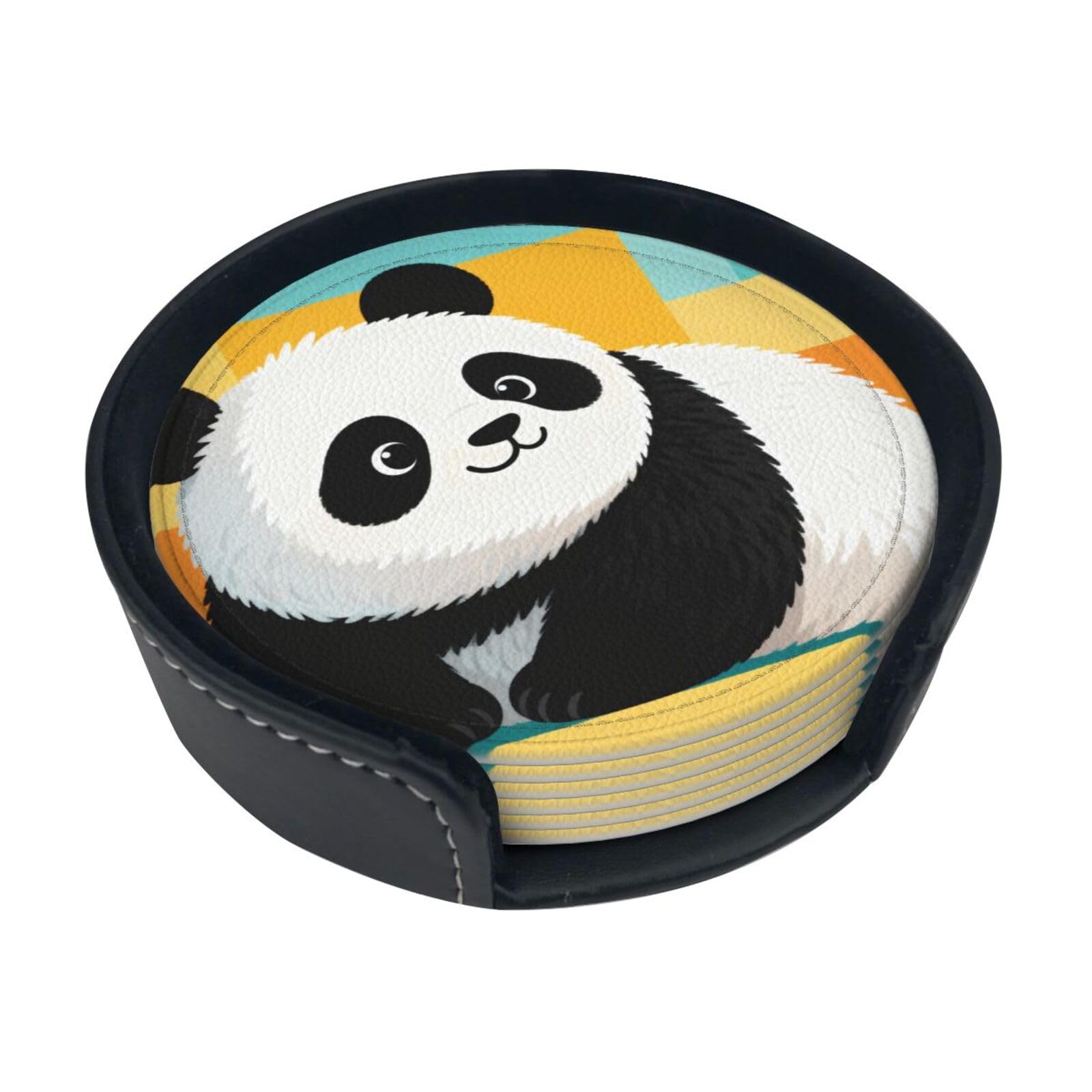 Cntdbu White Panda Leather Coasters Set Of 6-Pu Leather Drink Mats For Table, Heat Resistant Round Coasters With Holder