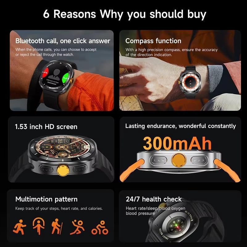 Smartwatch features including Bluetooth call, compass, HD screen, 300mAh battery, multimotion pattern, and 24/7 health check.