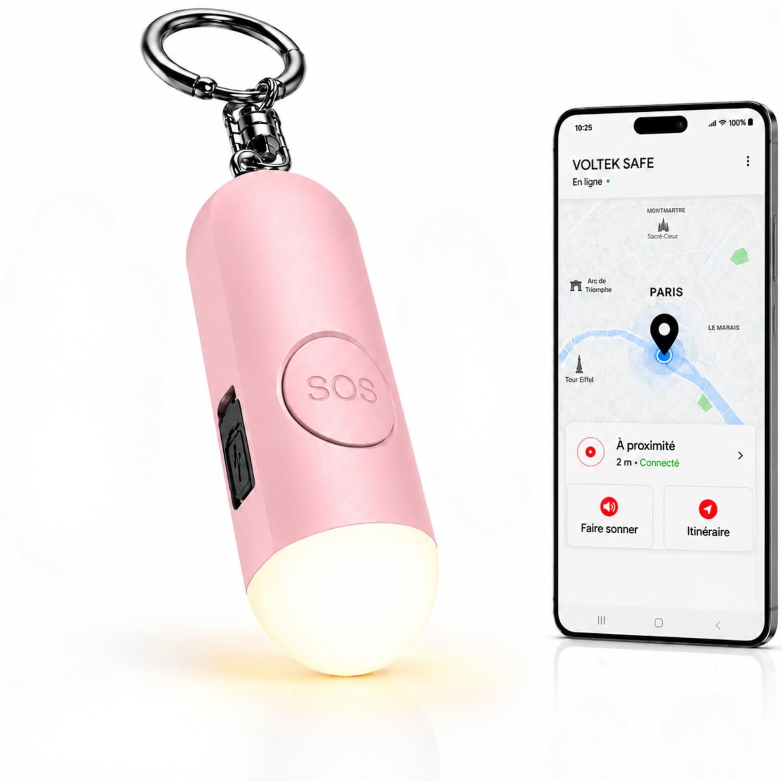 VOLTEK Safe Alarme Personnelle Anti Agression 130 DB Tracker Bluetooth, Compatible Apple FindMy iOS & Android, Alarme de Poche Self Defense, Porte-clés Sécurité, Flash LED, Bouton SOS, USB-C