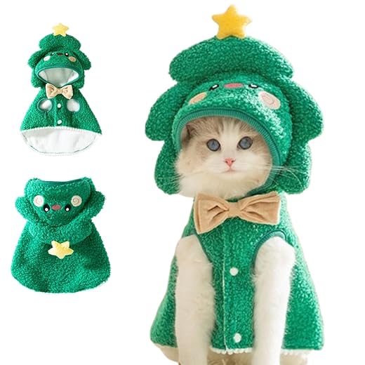 ANIAC Dog Christmas Cape Coat with D-Ring Cat Santa Costume with Xmas Tree Hat Christmas Dogs Outfit Warm Puppy Clothes for Small Dog Holiday Pet Cloak for Cat (Green, Small)