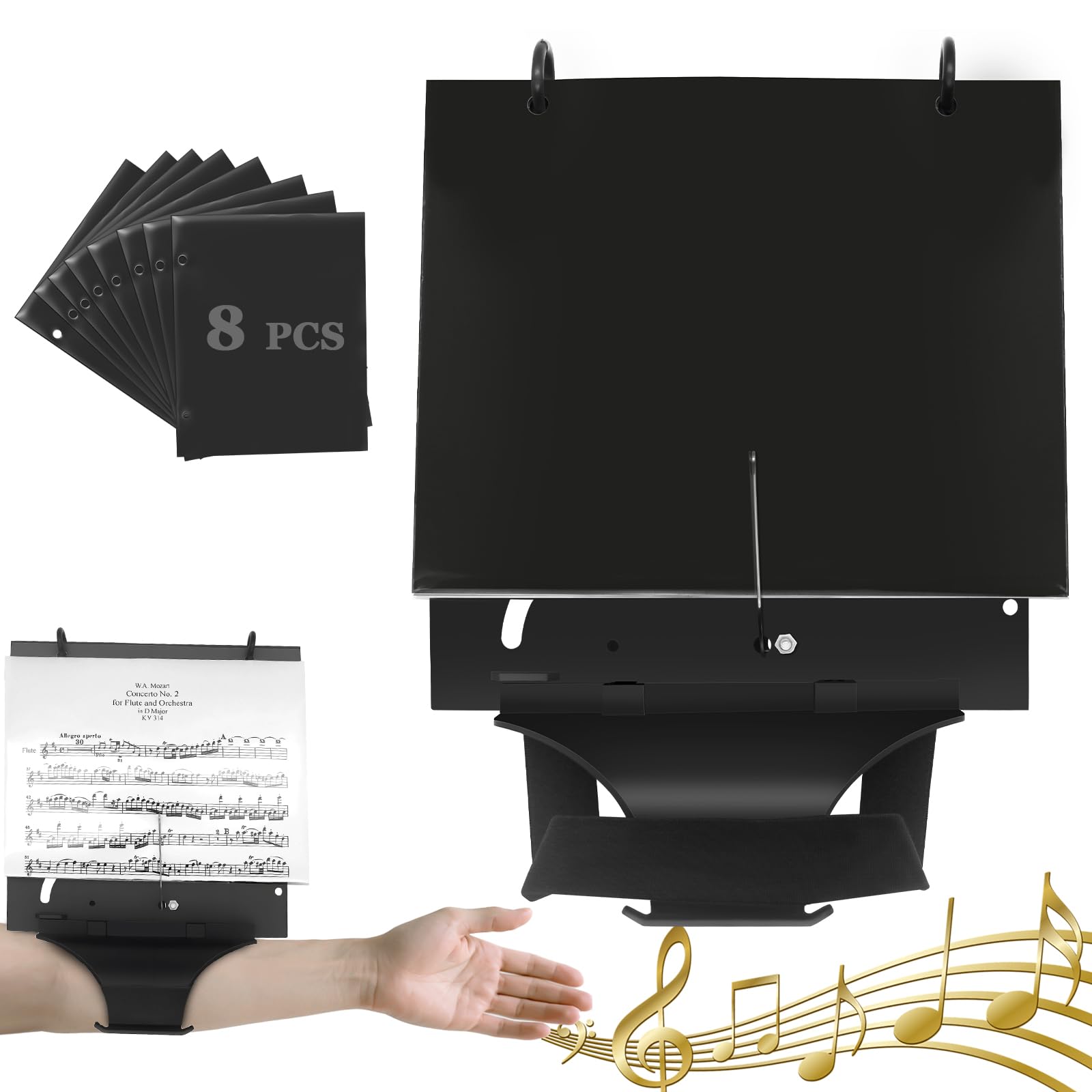 Lyre de flûte à rabat avec sangle réglable, comprend 8 pages à rabat double face pour flûte, piccolo, trompette, hautbois et instruments en laiton